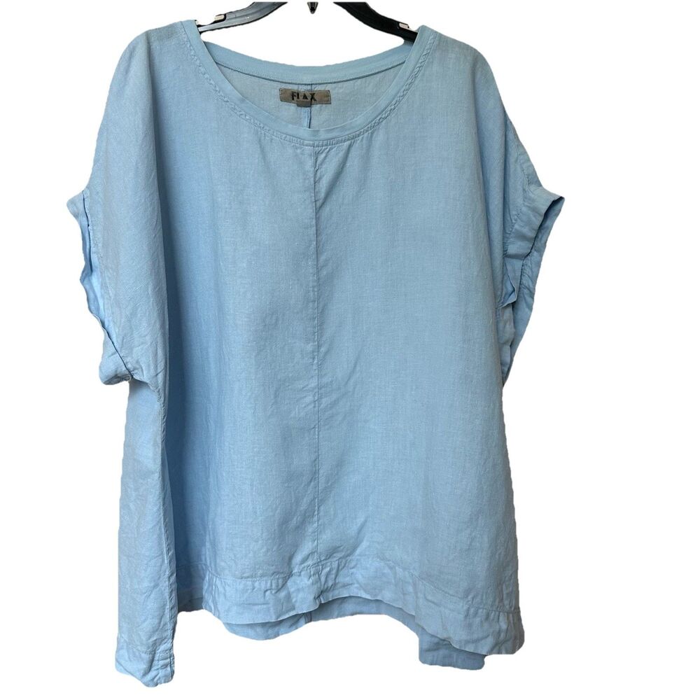 FLAX Linen Top Womens 1X Short Sleeve Powder Blue Lagen Resort Boho Pullover